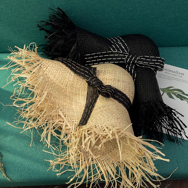 Custom na Tinina na Black Rafia Straw Lady Floppy Hat