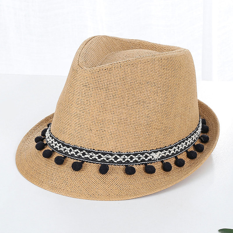 Cute na Pom Pom Trim Mens Trilby Straw Hat