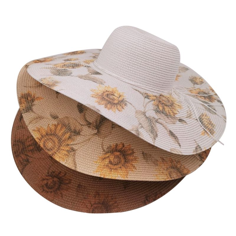 De-kalidad na sunflower print straw beach hat para sa mga kababaihan