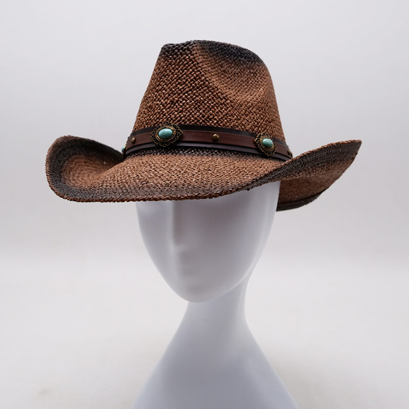 Turquoise Leather Band Brown Straw Cowboy Hat